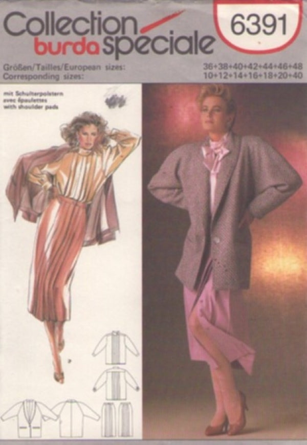 Burda 6391 Vintage 80's Sewing Pattern 3 Piece Career Suit, Pin Tucks Blouse, Front Pleated Skirt, Oversized Blazer Jacket Coat Size 10-12