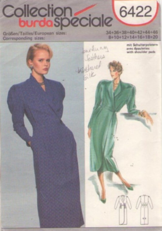 Burda 6422 Retro 90's Sewing Pattern Career Mock Wrap Front Puffed Sleeve Dress Set, Party or Office Size 8-16