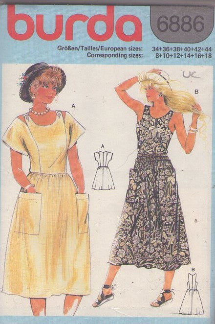 Burda 6886 Vintage 80's Sewing Pattern Summer Dress Set, Peekaboo Keyhole Shoulder Grunge New Wave Day Dress, Button Straps & Sleeve 2 Styles Size 8-18