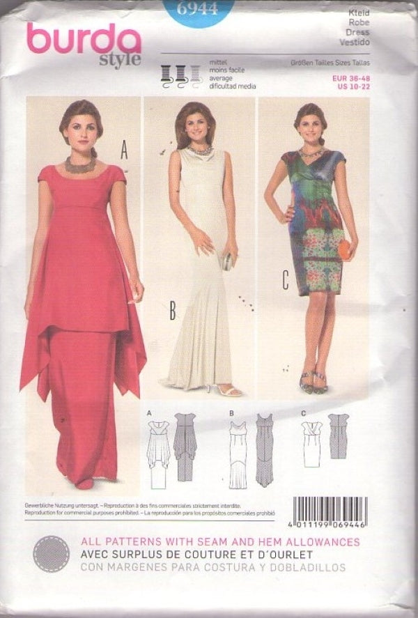 Burda 6944 Retro 2014 Sewing Pattern Ethnic India Style Grecian Goddess Evening Gown, Special Occasion Party Dress Set Size 10-22