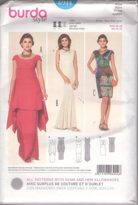 Burda 6944 Retro 2014 Sewing Pattern Ethnic India Style Grecian Goddess Evening Gown, Special Occasion Party Dress Set Size 10-22
