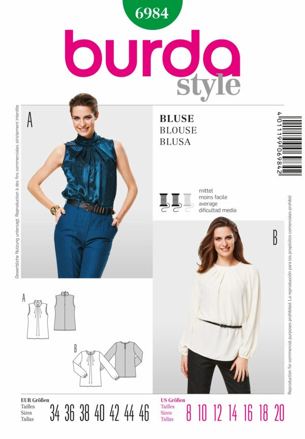 Burda 6984 Retro 2014 Sewing Pattern Shiny Career Blouse, Sleeveless or Long Sleeves, Neckline Gathers Size 8-20