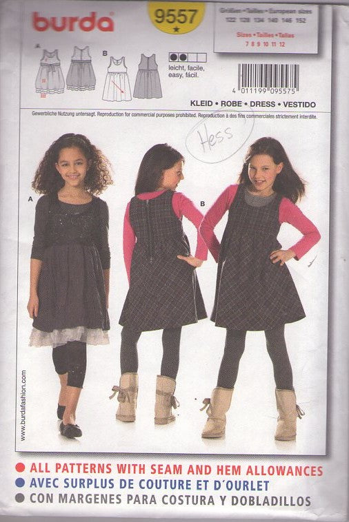 Burda 9557 Retro 2009 Sewing Pattern Girl's Dress Set, Scoop Neck Back Zippered High Waist Jumper, Sun Dress Size 7-8