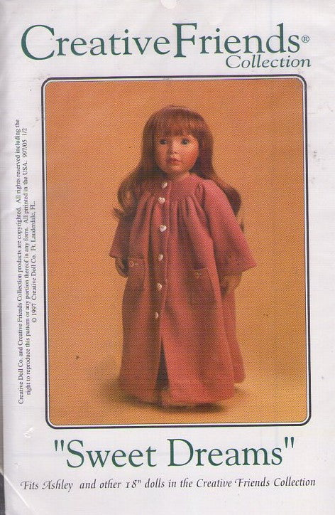 Creative Friends Collection Retro 90's Sewing Pattern Doll Clothes, Sweet Dreams Ashley & American Girl Style 18 Doll Nightgown & Bath Robe Size 18"