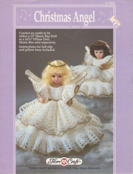 Fibre Craft FCM225 Vintage 90's Crochet Pattern Christmas Angel Music Box or Pillow Doll