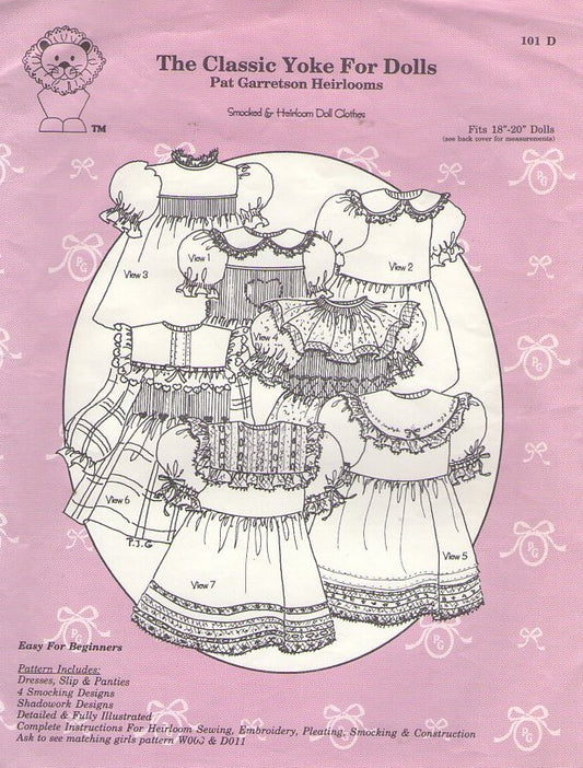 Pat Garretson Heirlooms 101 D Vintage 90's Sewing Pattern The Classic Yoke for Dolls, Dress, Slip, Panties, Smocking, Shadowork Designs 18-20" Dolls