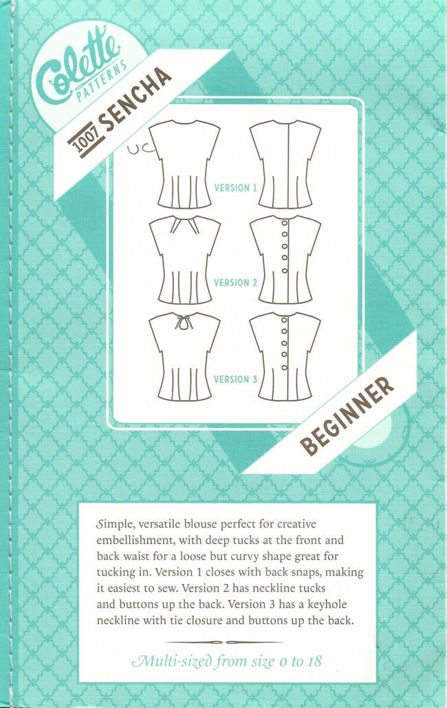 Colette 1007 Retro 2009 Sewing Pattern Sencha Top, Back Buttoned Blouse Set, 3 Styles Size 0-18