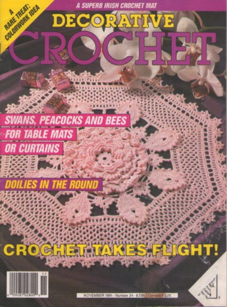 Decorative Crochet 24 Vintage 90's Crochet Pattern Magazine November 1991, Swans, Peacocks, Bees, Table Mats, Curtains and more