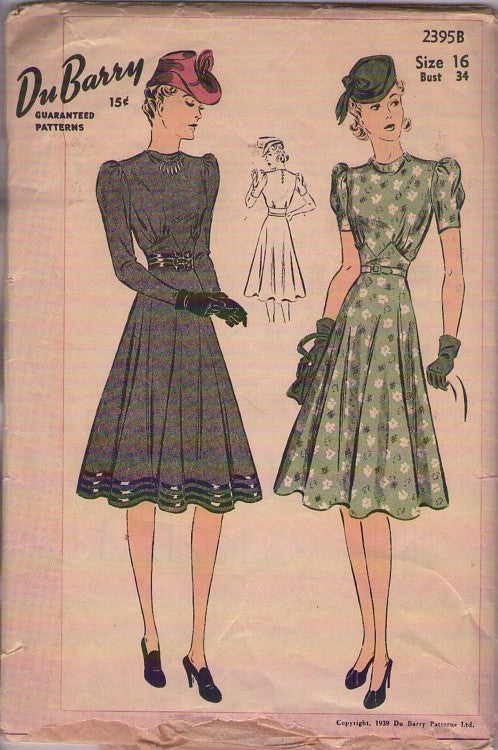 DuBarry 2395B Vintage 30's Sewing Pattern Afternoon Dress, Pointed Midriff Waist Flared Skirt Day or Evening Dress, 2 Styles Size 16