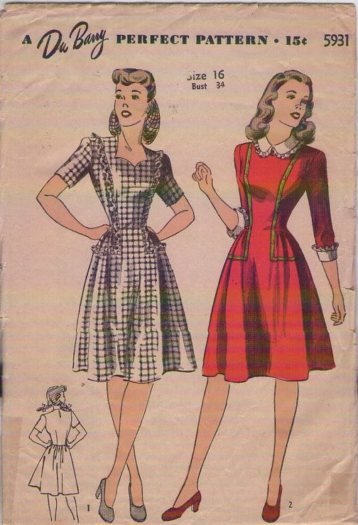 DuBarry 5931 Vintage 40's Sewing Pattern Day Dress, Farmcore, Swing Era Accentuated Sides, 2 Styles Size 16