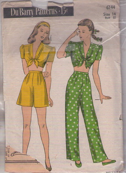 DuBarry 6144 Vintage 40's Sewing Pattern Pajamas or Togs, Swing Era Tied Front Midriff Blouse Top, High Waist Shorts, Pajama Trousers Size 14