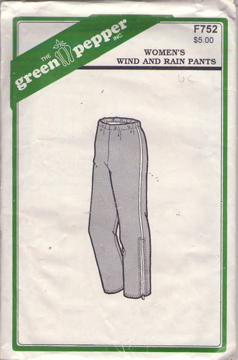 Green Pepper F752 Vintage 80's Sewing Pattern Wind and Rain Pants, All Weather, Leg Zippers, Workout, Gym Size 6-18