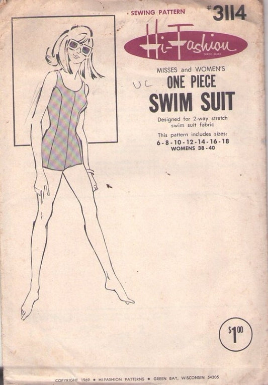 Hi Fashion 3114 Vintage 60's Sewing Pattern Modest Mod Princess Seams Swimsuit, Bathing Suit, One Piece, Boy Cut Shorts Leg Size 6-18