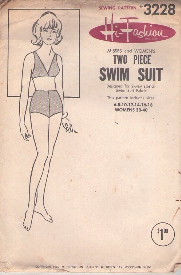 Hi Fashion 3228 Vintage 60's Sewing Pattern Rockabilly 2 Piece Swimsuit, Bikini Bathing Suit, Top, Bottoms, Size 6-18