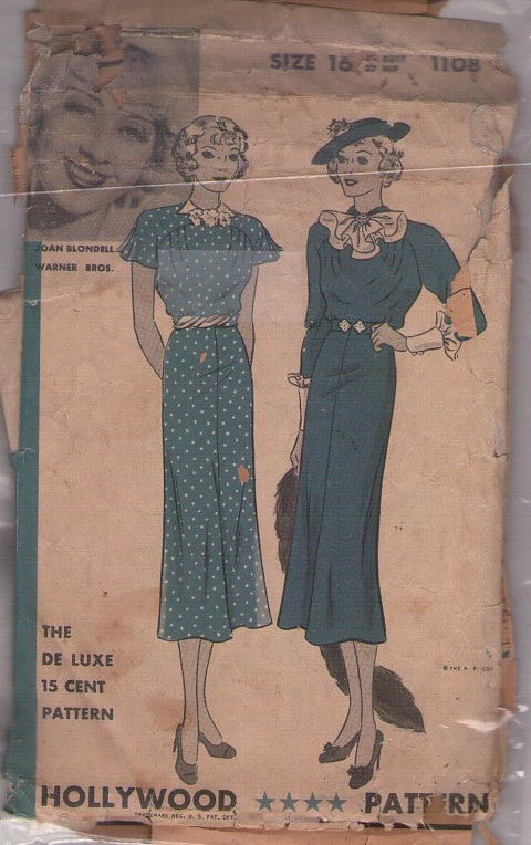 Hollywood 1108 Vintage 30's Sewing Pattern Frock Dress, Movie Starlet, Joan Blondell of Warner Brothers, Curved Yoke, Modest Length Dinner Dress, 2 Styles Size 16