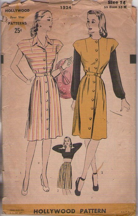 Hollywood 1524 Vintage 40's Sewing Pattern Swing Era Separates, Fully Front Buttoned, Cap Sleeve Day Dress, Cropped Long Sleeve Blouse Top Size 14