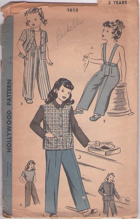 Hollywood 1615 Vintage 40's Sewing Pattern Girl's Separates, 2 Tone Shirt Jacket Blouse, Suspender Overalls Pants Size 2