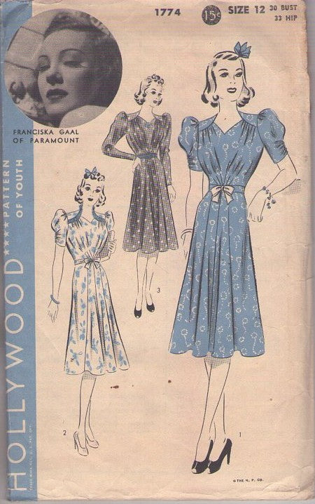 Hollywood 1774 Vintage 40's Sewing Pattern Swing Era Dress, Franciska Gaal of Paramount, Shirring Details, Flared Gored Skirt, 3 Styles Size 12