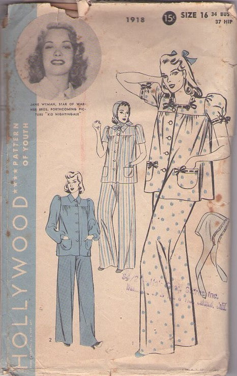 Hollywood 1918 Vintage 40's Sewing Pattern Modest Pajamas, Patterns of Youth, Jane Wyman Kid Nightgale Flared Pajamas Smock Top Blouse, Wide Leg Pants, WRAP CURLER CAP BONNET Size 16