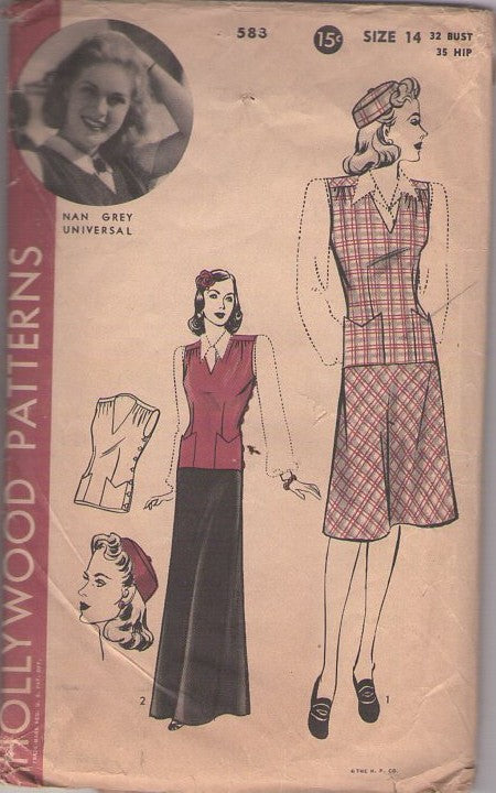 Hollywood 583 Vintage 40's Sewing Pattern Skirt, Vest, Hat, Universal Film Star Nan Grey, V Neck, Side Buttoned Jerkin, Vest Top, Flared Regulation or Long Maxi Skirt Size 14
