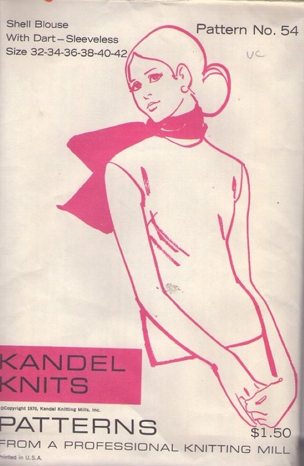 Kandel Knits 54 Vintage 70's Sewing Pattern Shell Blouse with Dart Fitting, Sleeveless Summer Mod Top Size 32-42