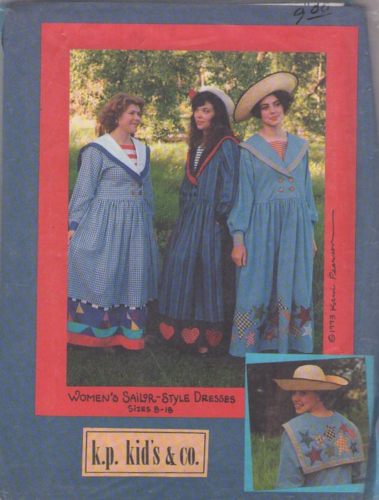 KP Kid's & Co Adult Sailor Dress Vintage 90's Sewing Pattern Modest Cottagecore, Victorian Style Long Maxi Denim, Calico Dress, Sailor Collar and Appliques Size 8-14