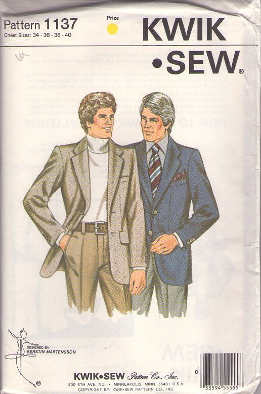Kwik Sew 1137 Vintage 80's Sewing Pattern Men's Sports Coat, Office Suit Jacket, Blazer, Size 34-36 M