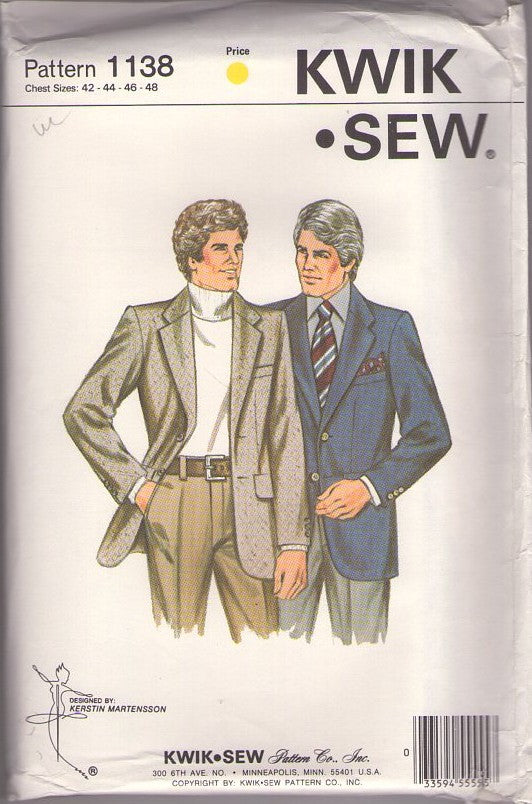 Kwik Sew 1137 Vintage 80's Sewing Pattern Men's Sports Coat, Office Suit Jacket, Blazer, Size 42-48 Size XL