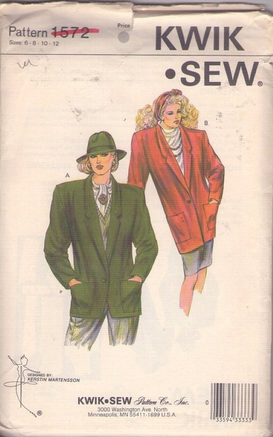 Kwik Sew 1572 Vintage 80's Sewing Pattern Boxy Fitted or Tapered Oversized Long Blazer Suit Jacket 2 Styles Size 6-12