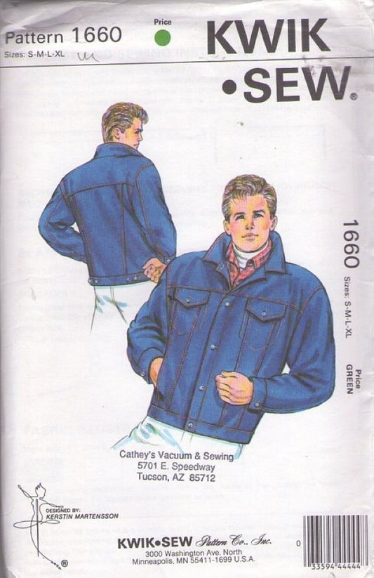 Kwik Sew 1660 Vintage 80's Sewing Pattern Men's Denim Blue Jean Jacket, Western Cowboy, Trucker, Marlboro Man Styles Size S-XL