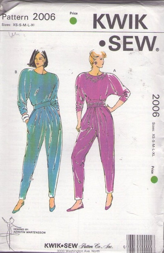 Kwik Sew 2006 Vintage 90's Sewing Pattern New Wave Batwing Pullover Top, Harem Pleated Pants, Lounge Set Size XS-XL