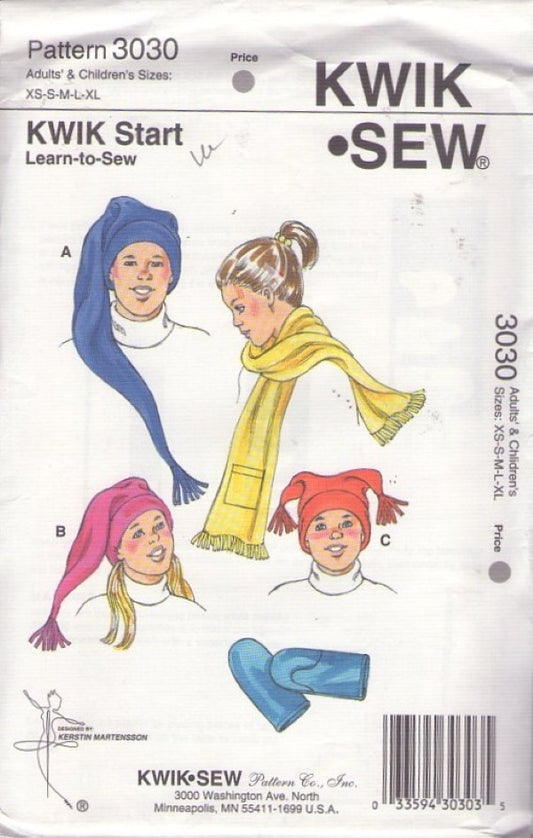 Kwik Sew 3030 Retro 2001 Sewing Pattern Hats for the Whole Family, Men, Women, Children Fleece Ski Hat, Mittens, Scarf Size XS-XL