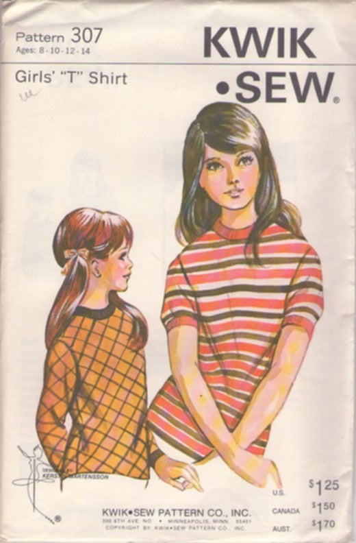 Kwik Sew 307 Vintage 70's Sewing Pattern Girl's Tops, Mod Era Tshirt Set, Ringer Crew Neck, Short or Long Sleeves Size 8-14