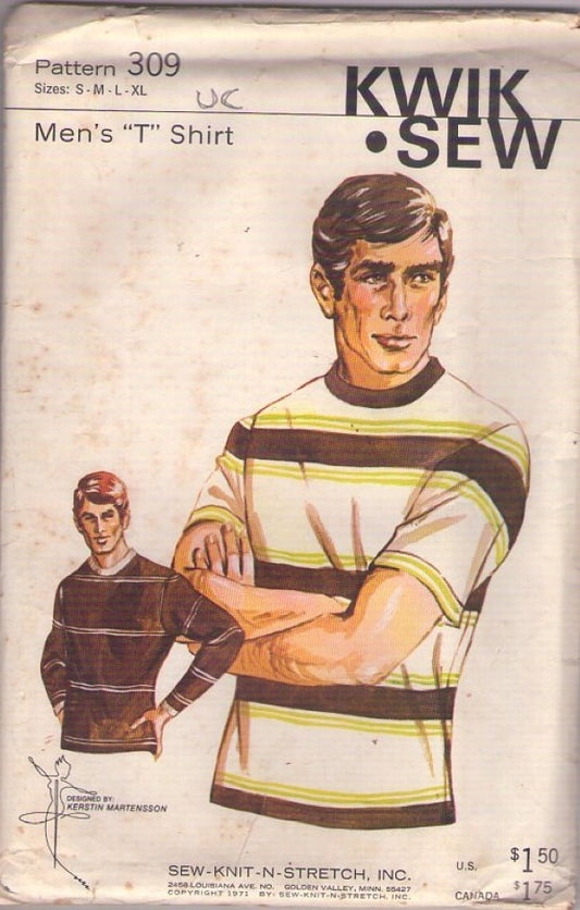 Kwik Sew 309 Vintage 70's Sewing Pattern Men's Pullover Tshirt Tee Shirt Set Size S-XL