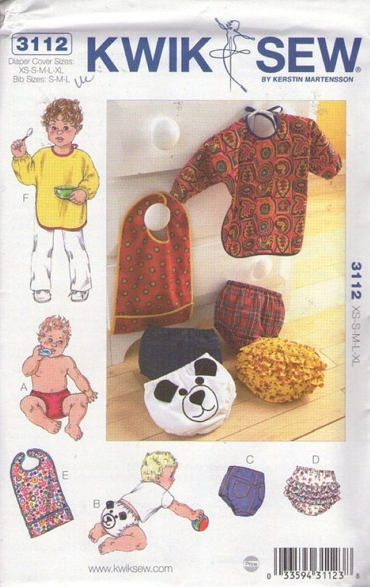 Kwik Sew 3112 Retro 2003 Sewing Pattern Baby Accessory Set, Pocket Bib, Apron Smock Top, Bear Face Diaper Covers, Rhumba Panties Size XS-XL