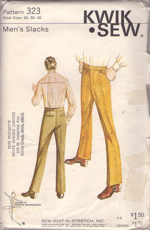 Kwik Sew 323 Vintage 70's Sewing Pattern Mens' Trousers, Hipster Mod, Leisure Suit Slacks, Fly Front Work Pants Size 36-40 CUT M