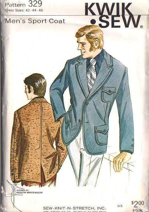 Kwik Sew 329 Vintage 70's Sewing Pattern Men's Jacket, Hipster Mod, Suit Jacket, Sports Coat Size 42-46 Xl PART CUT