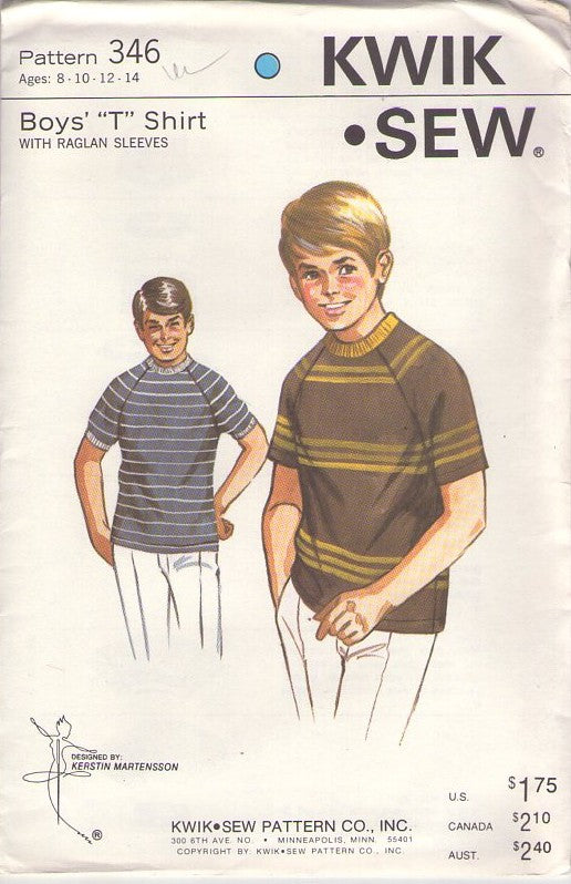 Kwik Sew 346 Vintage 70's Sewing Pattern Boys' Tops, Crew Neck, Pullover, Raglan Sleeve, Tshirt Size 8-14