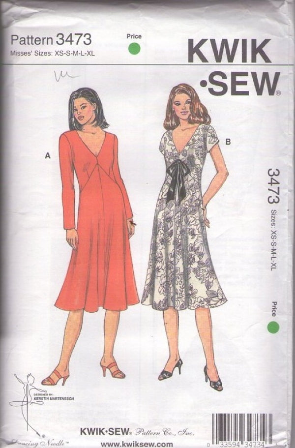 Kwik Sew 3473 Retro 2006 Sewing Pattern Deep V Neck, Shaped Pointed Waist Day Dress, Fit & Flared, 2 Secretary Styles Size XS-XL
