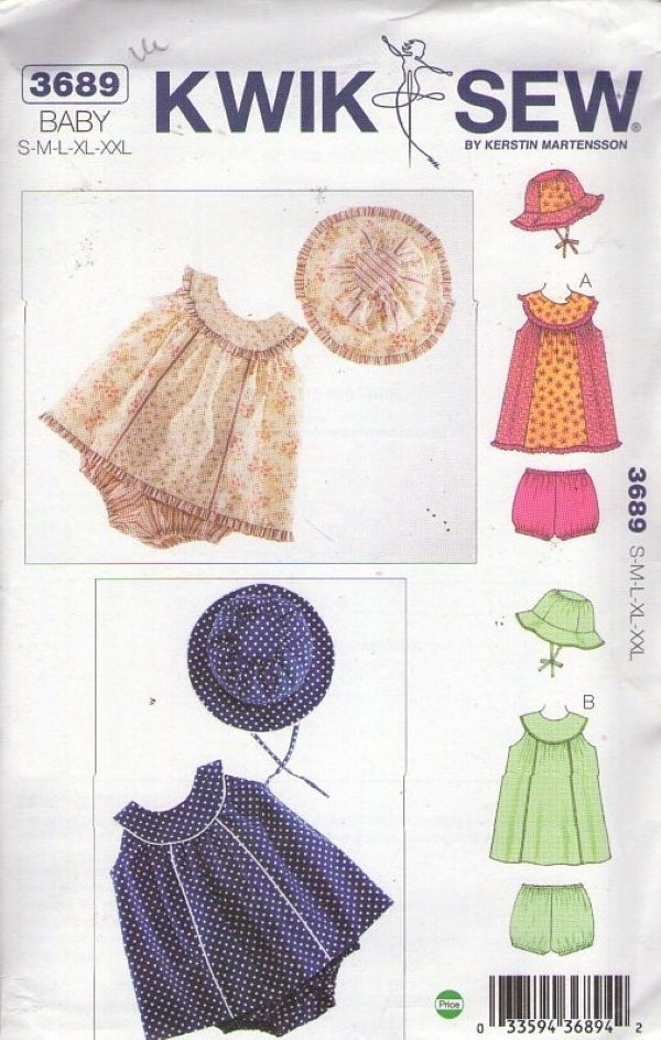 Kwik Sew 3689 Retro 2009 Sewing Pattern Baby Sun Sets, Dress, Brim Hat, Bloomers Panties Size S-XXL