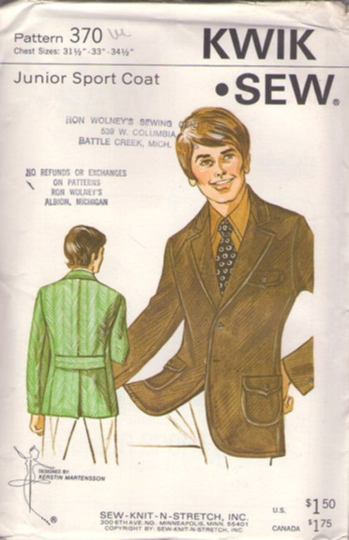Kwik Sew 369 Vintage 70's Sewing Pattern Boys' Blazer, Junior Sport Coat, Suit Jacket Size 26-30 Size M