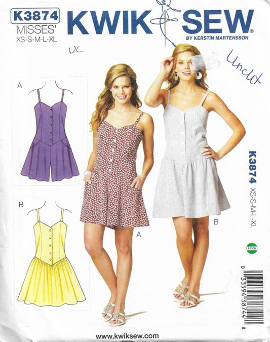 Kwik Sew 3874 Retro 2011 Sewing Pattern Split Skirt Romper, Summer Sunsuit, Jumpsuit or Basque Waist Mini Dress Size XS-XL