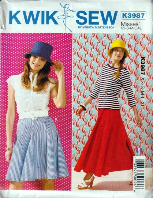 Kwik Sew 3987 Retro 2013 Sewing Pattern Gored Skirt, Box Pleats Mini or Midi, Easy to Sew 2 Styles Size XS-XL