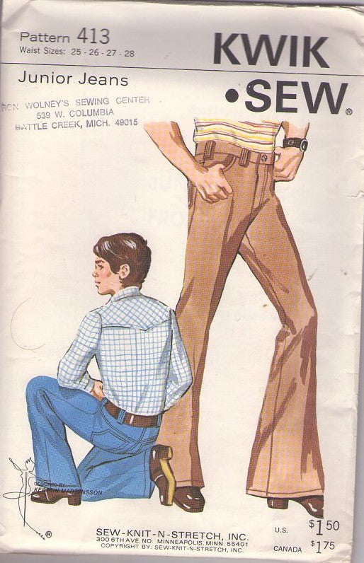 Kwik Sew 413 A Vintage 70's Sewing Pattern Boy's Trousers, Fly Front Jeans, BELL BOTTOMS Pants Size Waist 25-28 Size L