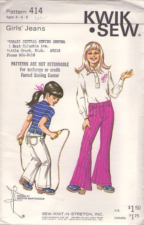 Kwik Sew 414 A Vintage 70's Sewing Pattern Girl's Trousers, Fly Front Jeans, BELL BOTTOMS Pants Size 4-8