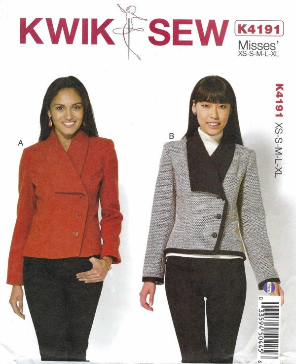 Kwik Sew 4191 Retro 2016 Sewing Pattern Tailored Asymmetric Wrap Front Jacket, Foldover Collar 2 Styles Size XS-XL