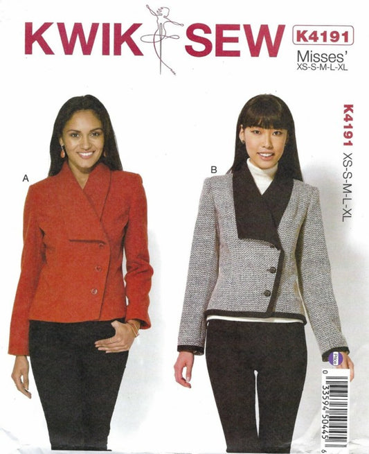 Kwik Sew 4191 Retro 2016 Sewing Pattern Tailored Asymmetric Wrap Front Jacket, Foldover Collar 2 Styles Size XS-XL