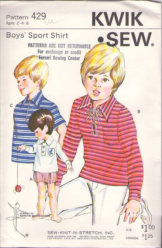 Kwik Sew 429 Vintage 70's Sewing Pattern Boys' Sport Shirt, Mod Pullover Polo with Zip, Lace up or Button Band Size 2-6