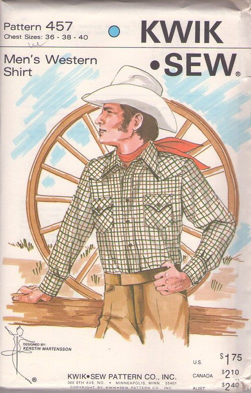Kwik Sew 457 Vintage 70's Sewing Pattern Mens' Western Shirts, Marlboro Man, Rockabilly, Cowboy Shirt, Buttons or Pearl Snaps, Long Sleeves Size 36-40 M
