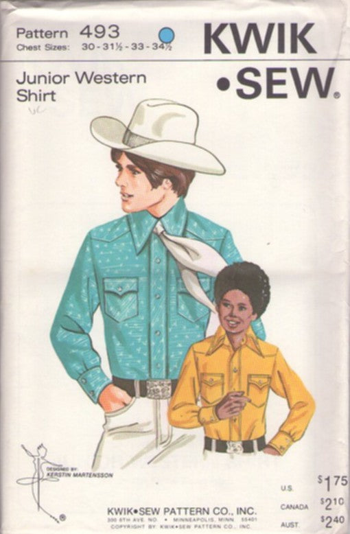 Kwik Sew 493 Vintage 70's Sewing Pattern Teen Boys' Shirts, Western, Rockabilly, Cowboy Shirt, Pointed Collar, Buttons or Pearl Snaps, Flap Pockets Size 30-34.5 L